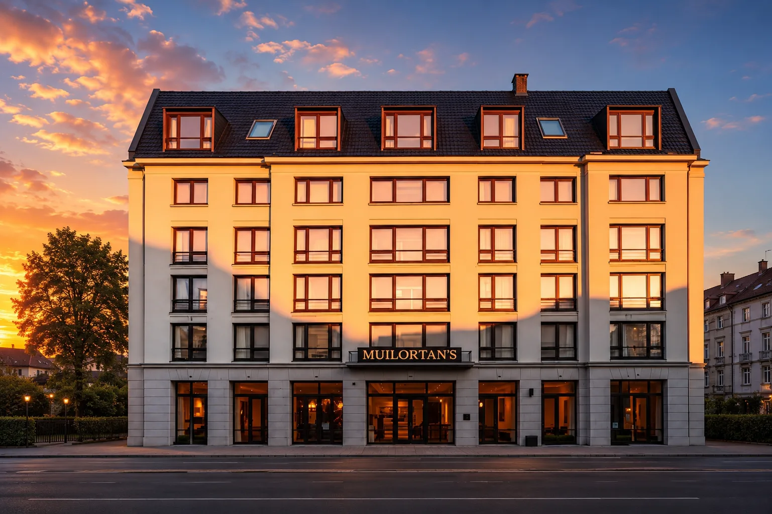 Fassade eines Mehrfamilienhauses in der Abendsonne